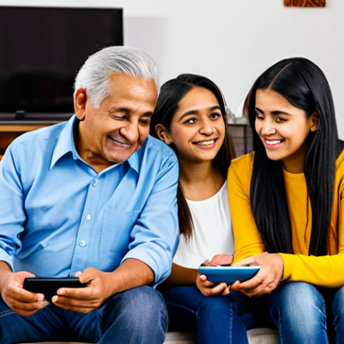 Home 11 A multi-generational Latin American family, ranging from young adults to elders, seated comfortably in a warm, inviting living room. Each family member is fully clothed in modest, everyday attire, engaged with their personal digital device (smartphone or tablet), showcasing individual entertainment consumption. The living room is bright and clean, subtly decorated with Latin American cultural elements. A large, traditional television set stands in the background, subtly off or showing a static image, symbolizing the shift in media consumption. High-resolution, professional photography, natural lighting, sharp focus, perfect anatomy, correct proportions, natural pose, well-formed hands, proper finger count, natural body proportions, safe for work, appropriate content, fully clothed, family-friendly, professional dress.