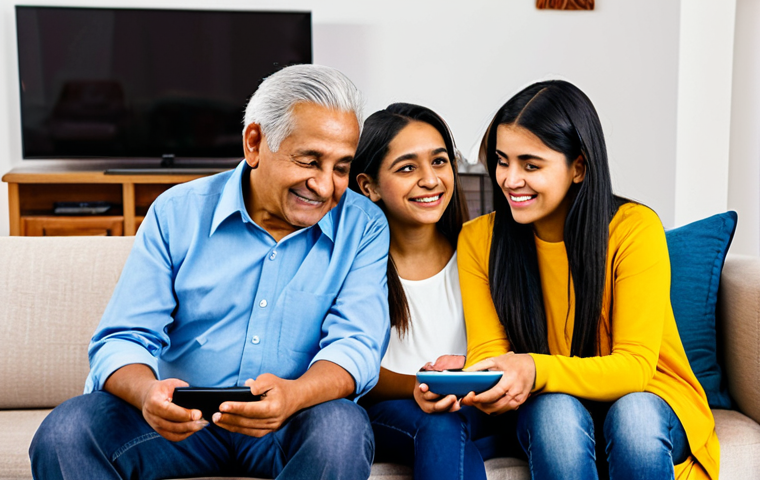 A multi-generational Latin American family, ranging from young adults to elders, seated comfortably in a warm, inviting living room. Each family member is fully clothed in modest, everyday attire, engaged with their personal digital device (smartphone or tablet), showcasing individual entertainment consumption. The living room is bright and clean, subtly decorated with Latin American cultural elements. A large, traditional television set stands in the background, subtly off or showing a static image, symbolizing the shift in media consumption. High-resolution, professional photography, natural lighting, sharp focus, perfect anatomy, correct proportions, natural pose, well-formed hands, proper finger count, natural body proportions, safe for work, appropriate content, fully clothed, family-friendly, professional dress.